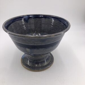 Colander Pottery Ceramic Handmade Pedestal Berry Bowl Two Tone Blue Rustic